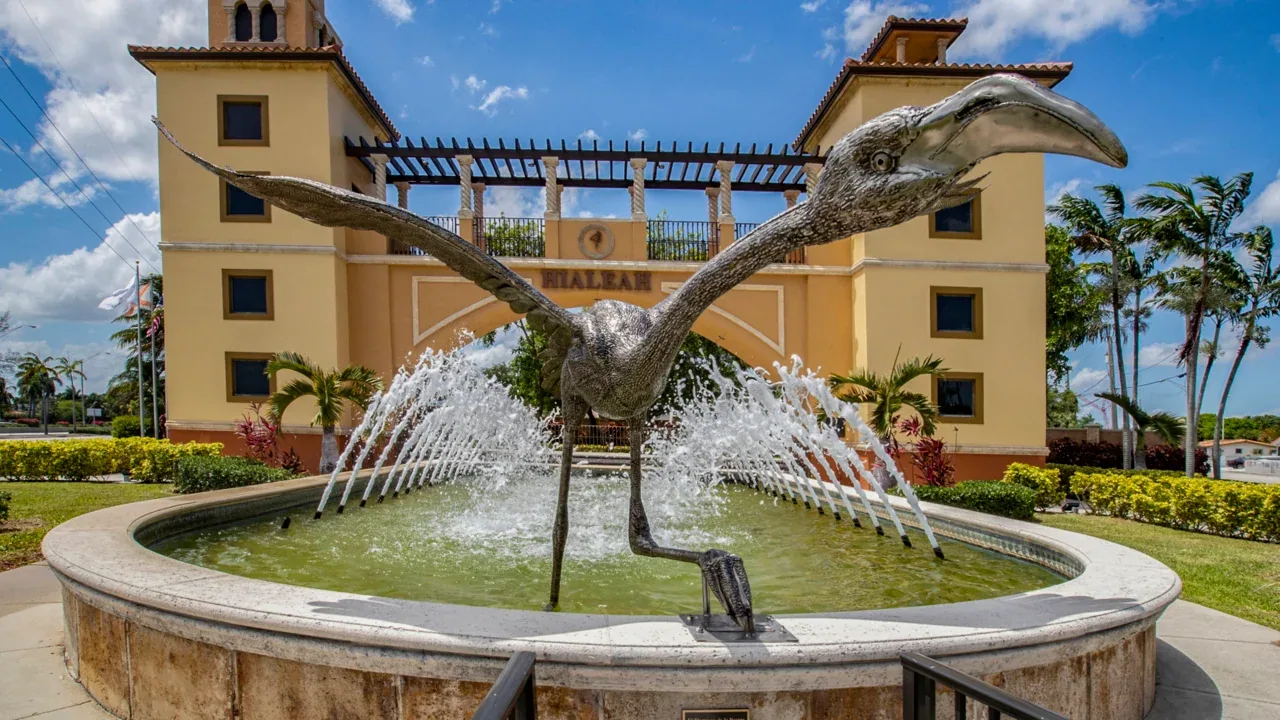 Hialeah gateway arch and flamingo fountain in Hialeah, FL